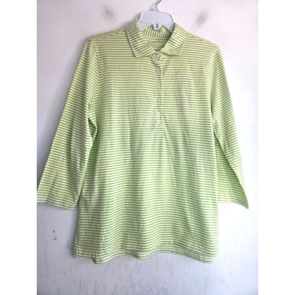 NWT Renwick Green White Stripped 100% Pima Cotton 3/4 Sleeve Polo Shirt Medium